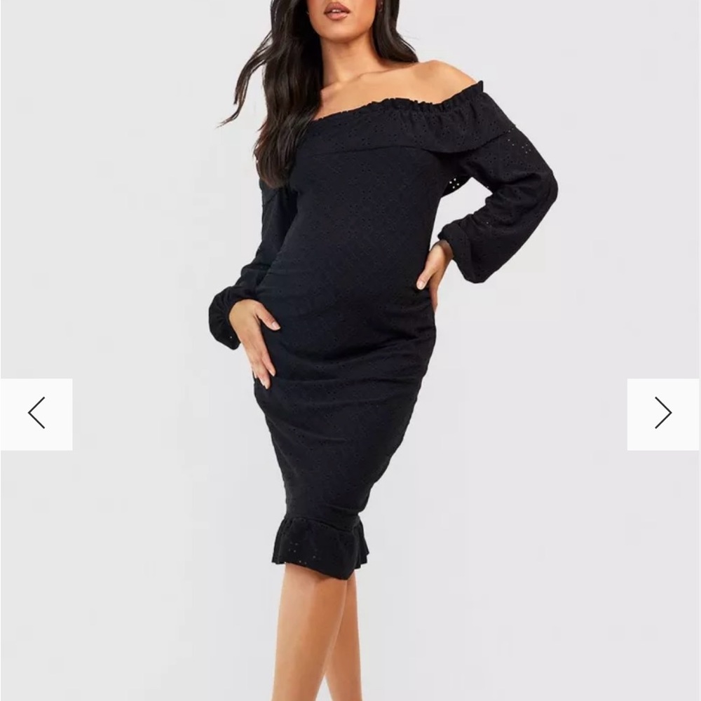 Maternity Jersey Knit Eyelet Off The Shoulder
Ruffle Midi Dress in black